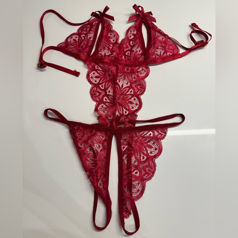 Red Floral Lace Sexy Crotchless Lingerie one piece bodysuit w bows Small New